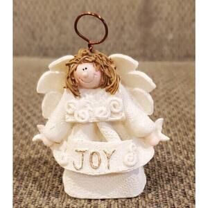 Gail West Signed 2.5" Smiling Angel Figurine JOY Copper Halo Sparkle Christmas
